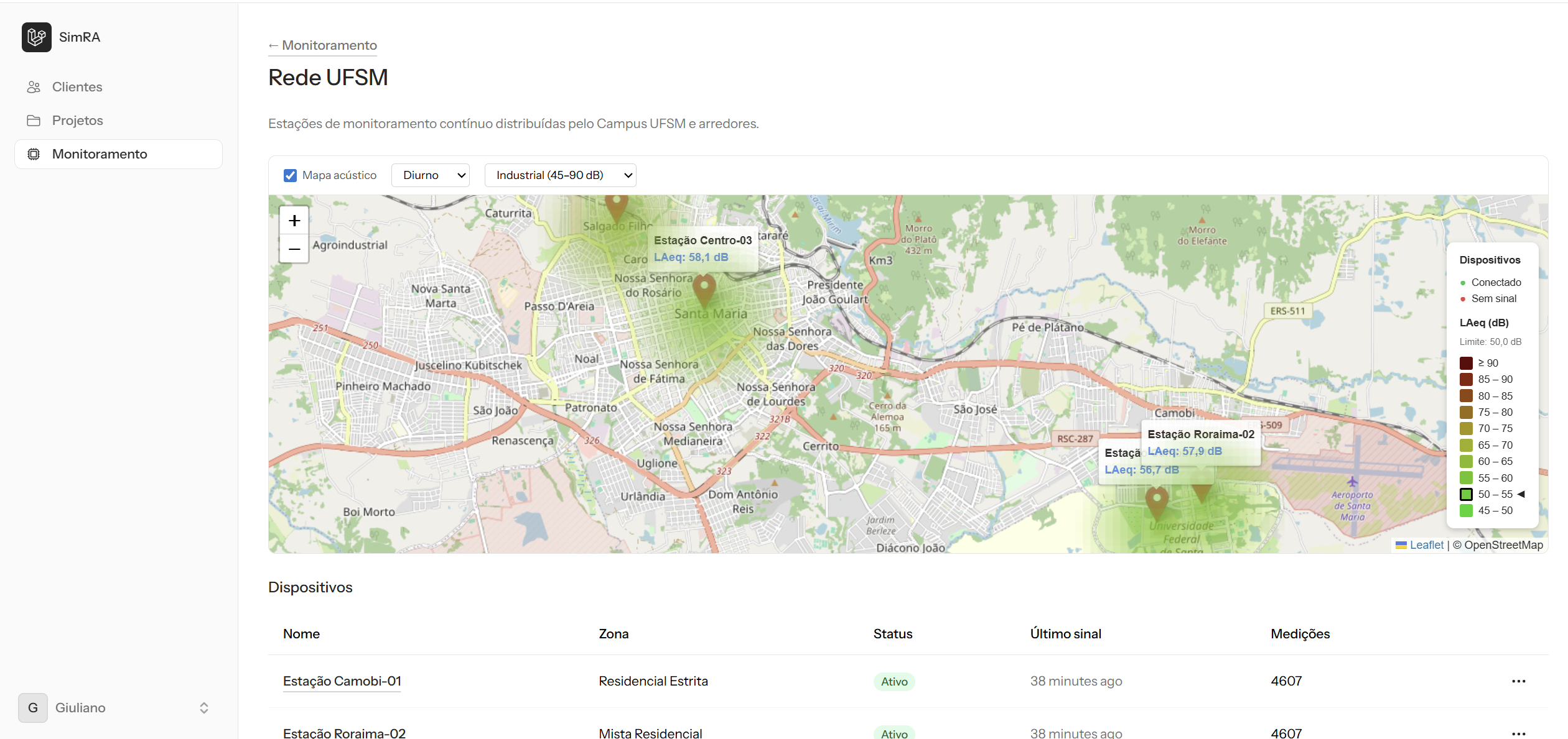 Mapa da rede de estações de monitoramento com níveis de ruído por cor